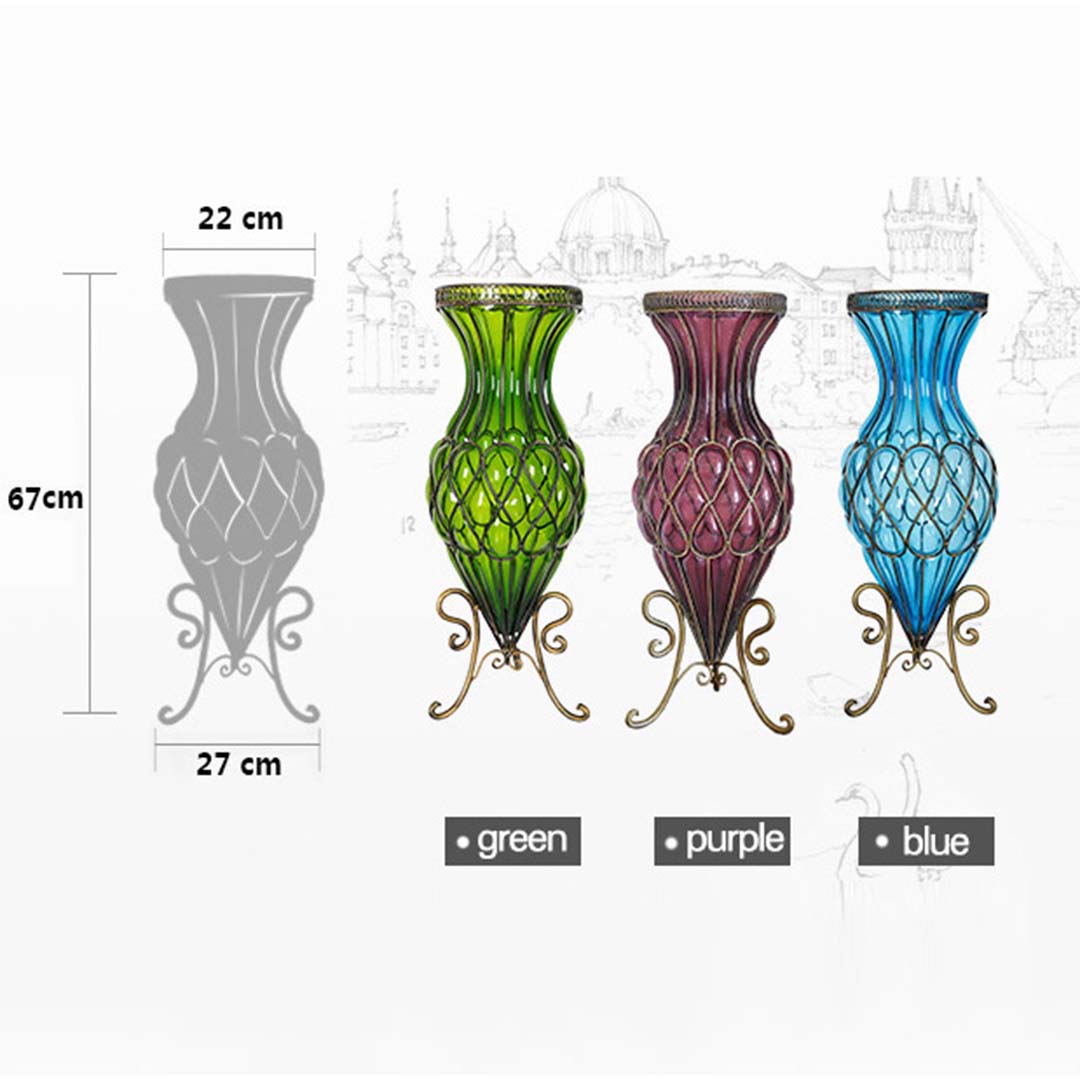 SOGA 67cm Blue Glass Tall Floor Vase and 12pcs Pink Artificial Fake Flower Set • LUZ-Vase0053BluewPinkF12