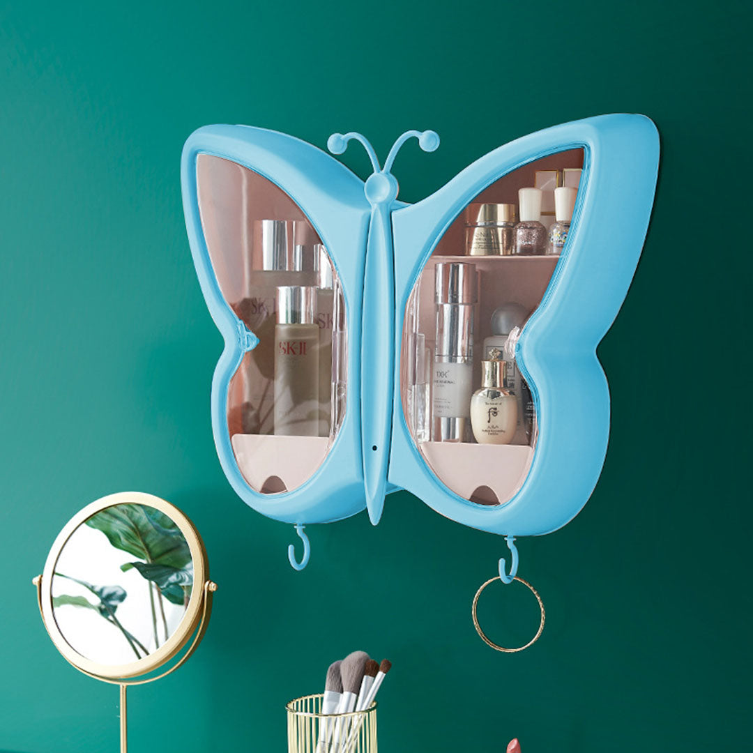 SOGA 2X Blue Butterfly Shape Wall-Mounted Makeup Organiser Dustproof Waterproof Bathroom Storage Box Home Decor • LUZ-BathG314X2