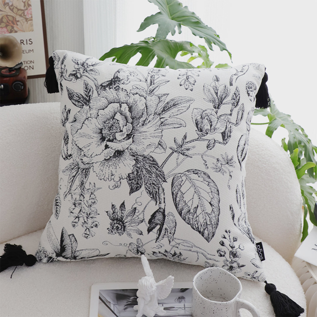 SOGA 2X 50cm Throw Pillow  Black and White Elegant Floral Print with Tassel Accents Home Decor • LUZ-FrenchCushion341X2
