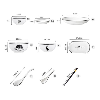 SOGA White Antler Printed Ceramic Dinnerware Set Crockery Soup Bowl Plate Server Kitchen Home Decor Set of 28 • LUZ-BowlG776