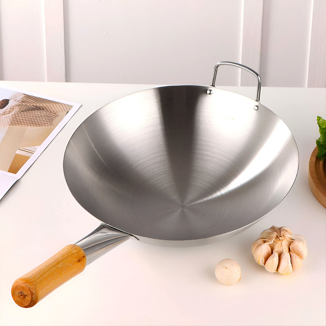 SOGA 40cm Stainless Steel Kitchen Cooking Wok with Wood Handle • LUZ-WokHandle40