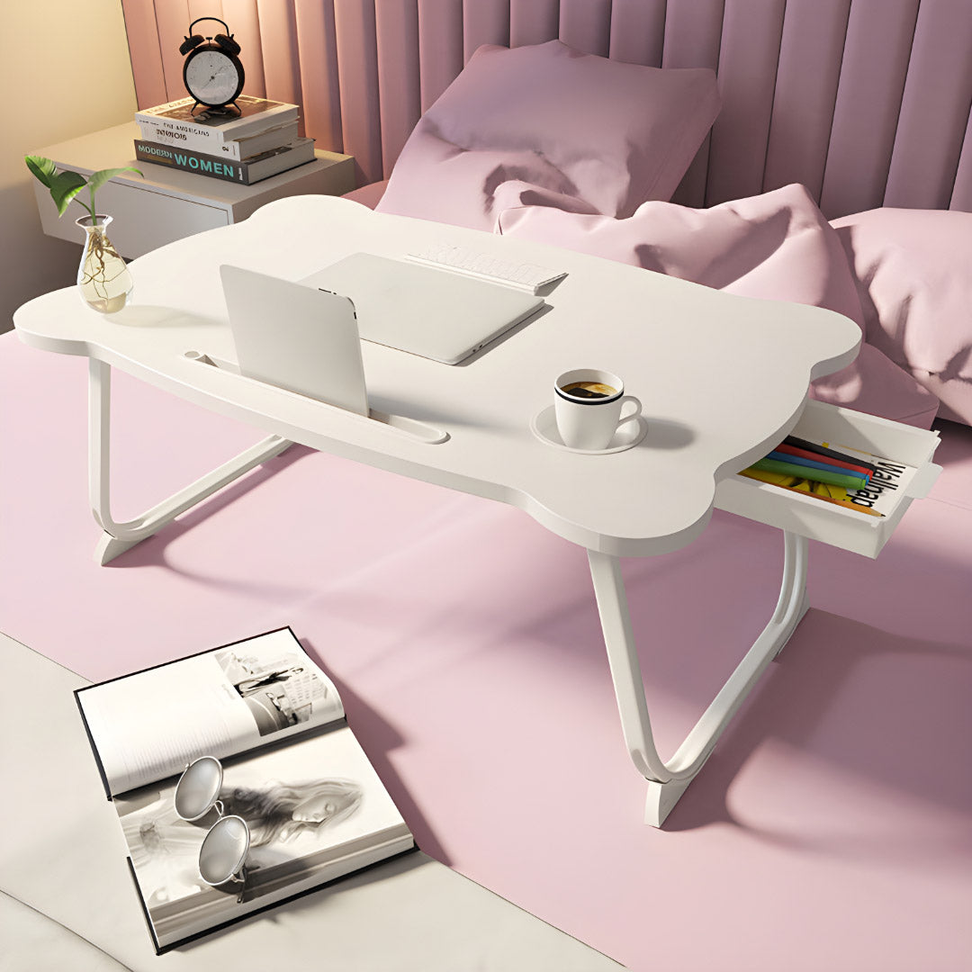 SOGA White Portable Bed Table Adjustable Folding Mini Desk With Mini Drawer and Cup-Holder Home Decor • LUZ-BedTableM666