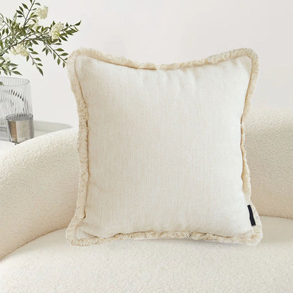 SOGA 2X 45cm Creamy White Home Aesthetic Chenille Texture Tassel Square Throw pillow • LUZ-FrenchCushion245X2