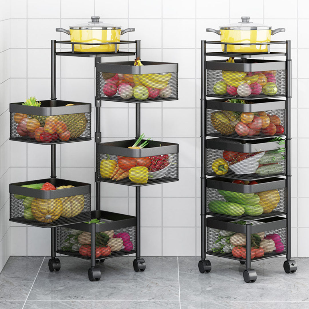 SOGA 5 Tier Steel Square Rotating Kitchen Cart Multi-Functional Shelves Portable Storage Organizer with Wheels • LUZ-KitchenXY021
