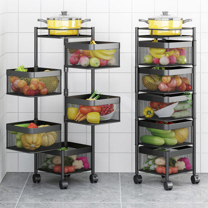 SOGA 5 Tier Steel Square Rotating Kitchen Cart Multi-Functional Shelves Portable Storage Organizer with Wheels • LUZ-KitchenXY021