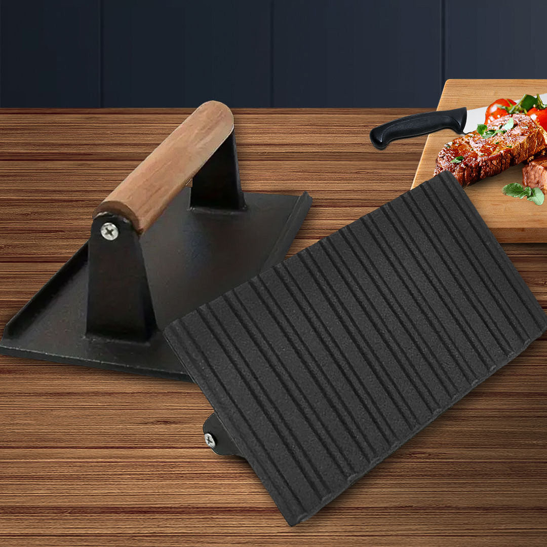 SOGA 2X Cast Iron Bacon Meat Steak Press Grill BBQ with Wood Handle Weight Plate • LUZ-ZPaiA9X2