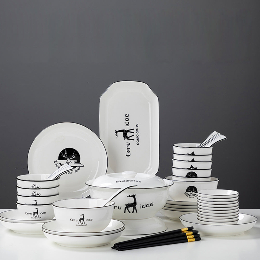 SOGA White Antler Printed Ceramic Dinnerware Set Crockery Soup Bowl Plate Server Kitchen Home Decor Set of 34 • LUZ-BowlG778