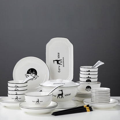 SOGA White Antler Printed Ceramic Dinnerware Set Crockery Soup Bowl Plate Server Kitchen Home Decor Set of 34 • LUZ-BowlG778