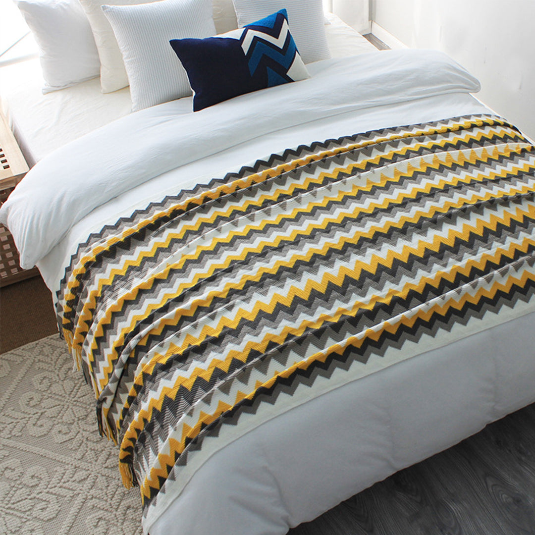 SOGA 220cm Yellow Zigzag Striped Throw Blanket Acrylic Wave Knitted Fringed Woven Cover Couch Bed Sofa Home Decor LUZ-Blanket918