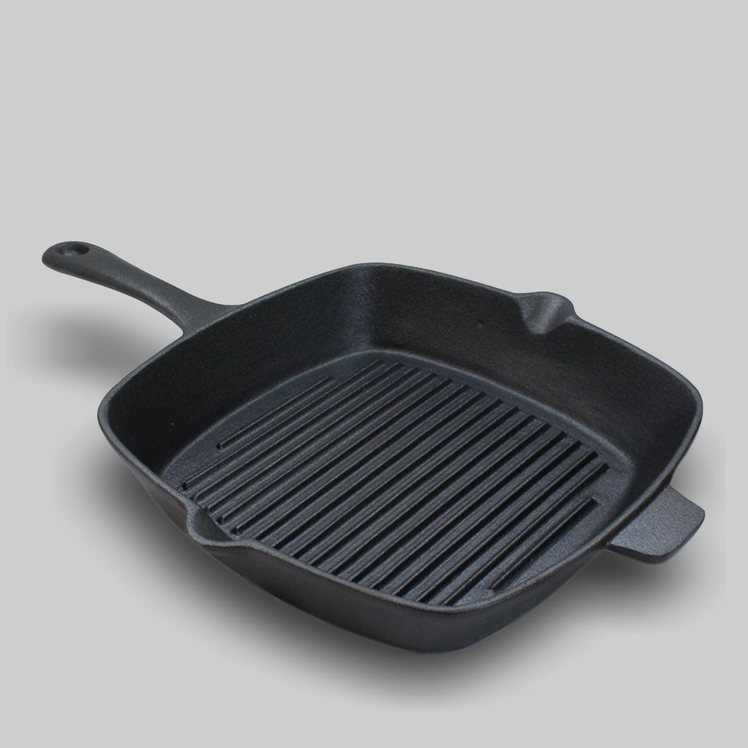 SOGA 2X 26cm Square Ribbed Cast Iron Frying Pan Skillet Steak Sizzle Platter with Handle • LUZ-ZPai023X2