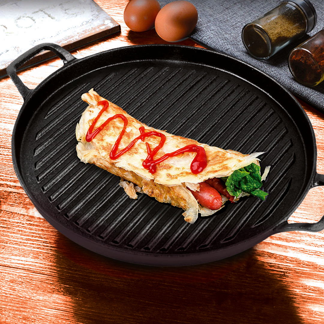 SOGA 28cm Ribbed Cast Iron Frying Pan Skillet Coating Steak Sizzle Platter • LUZ-ZPai024B