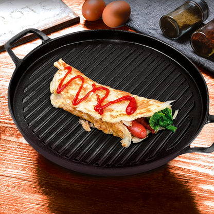 SOGA 28cm Ribbed Cast Iron Frying Pan Skillet Coating Steak Sizzle Platter • LUZ-ZPai024B