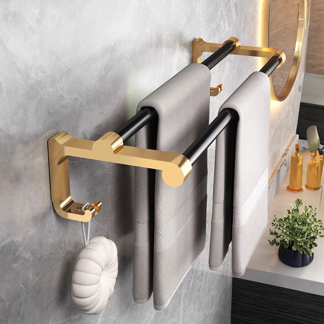 SOGA 2X 61cm Wall-Mounted Double Pole Towel Holder Bathroom Organiser Rail Hanger with Hooks LUZ-TAN1010X2