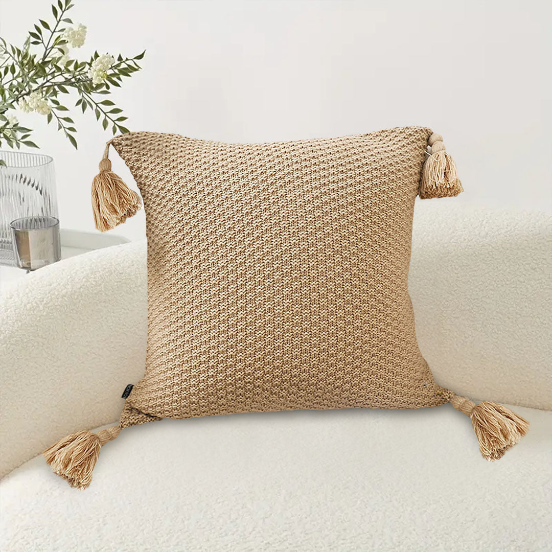 SOGA 50CM Light Brown Pillow with Tassel Accents, Rizzy Transitional Cover Throw Pillow • LUZ-FrenchCushion202