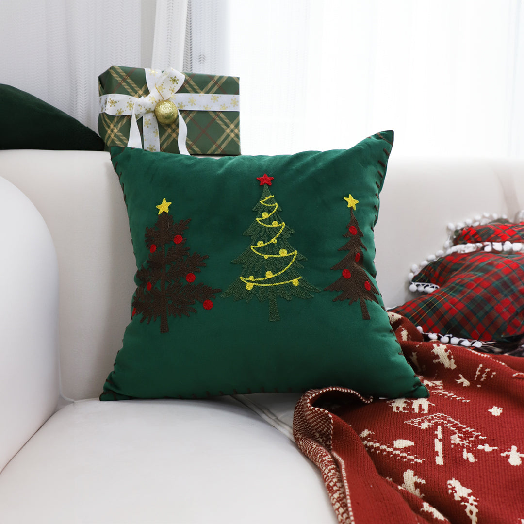 SOGA 45cm Throw Pillow Green Three Embroidered Christmas Trees for Festive Holiday Square Cushion Home Decor LUZ-FrenchCushion271