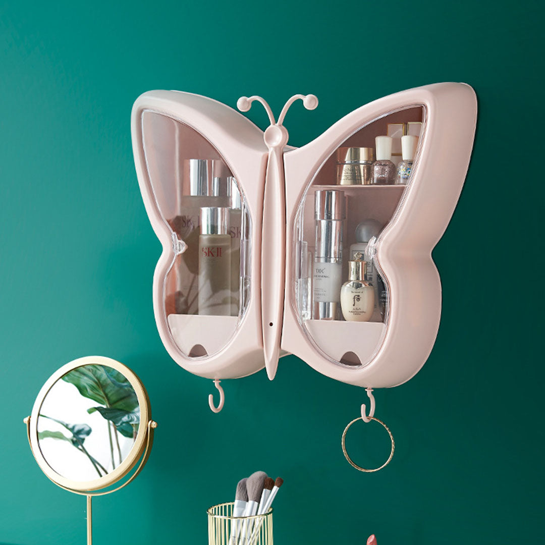 SOGA 2X Pink Butterfly Shape Wall-Mounted Makeup Organiser Dustproof Waterproof Bathroom Storage Box Home Decor • LUZ-BathG317X2