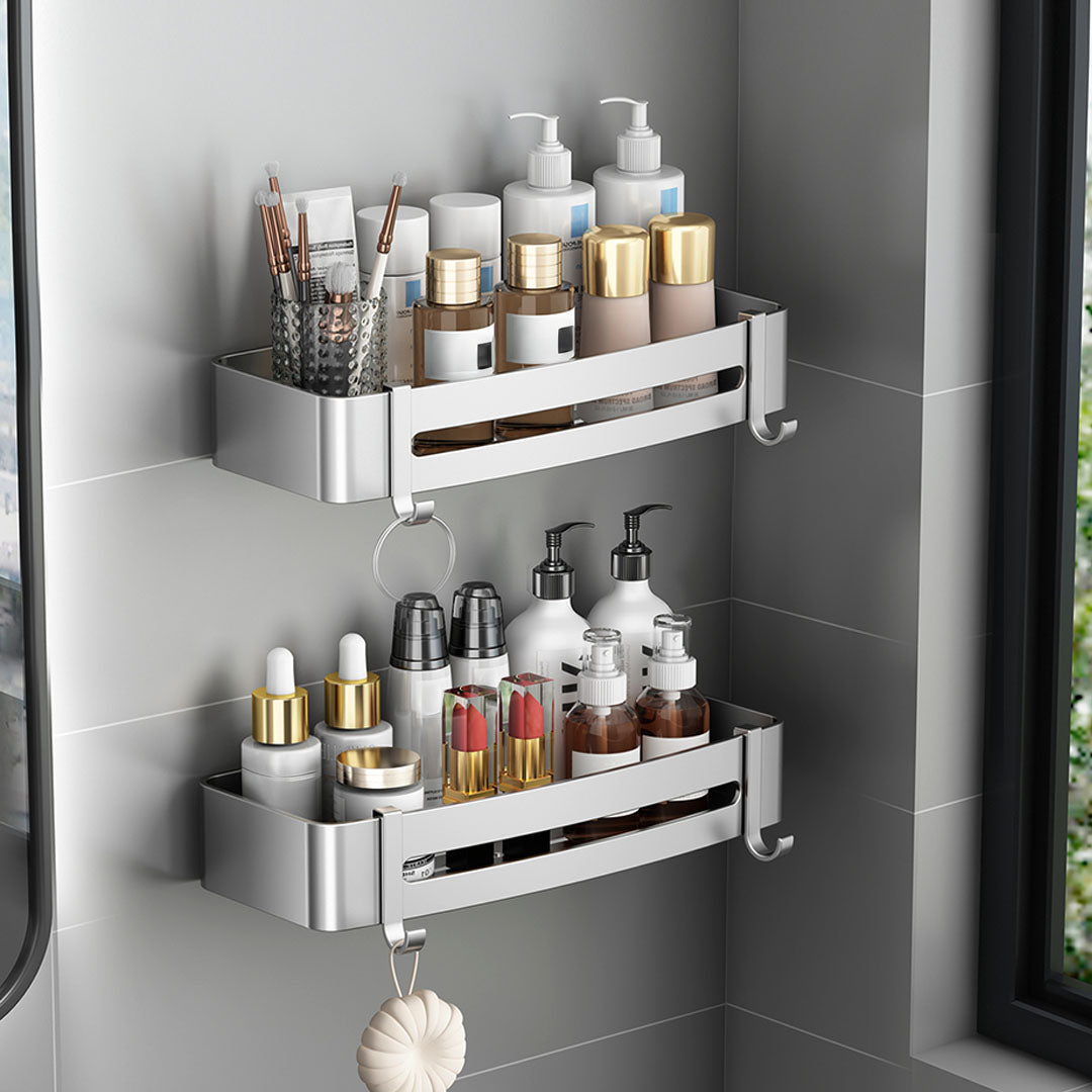 SOGA 2X Silver Wall-Mounted Rectangular Bathroom Storage Organiser Space Saving Adhesive Shelf Rack with Hooks LUZ-TAN1007X2