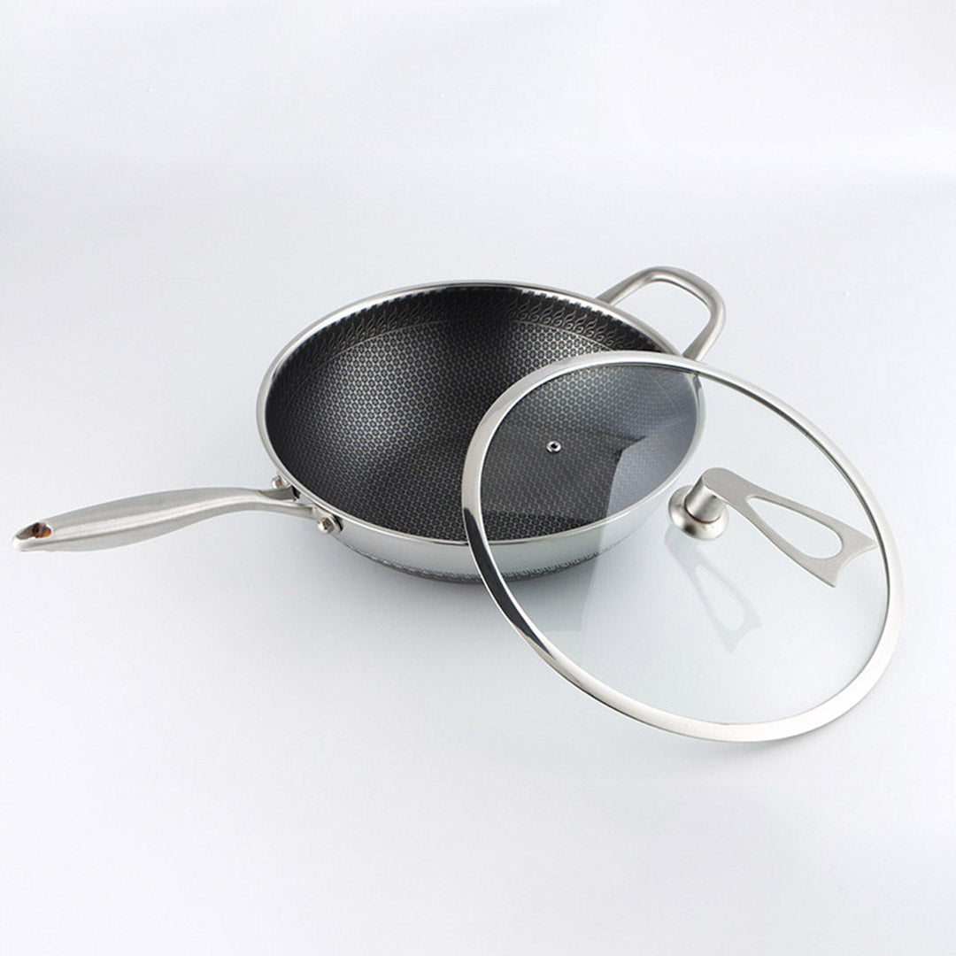 SOGA 2X 34cm Stainless Steel Tri-Ply Frying Cooking Fry Pan Textured Non Stick Skillet with Glass Lid and Helper Handle • LUZ-FryPanTRIFPYZ34X2