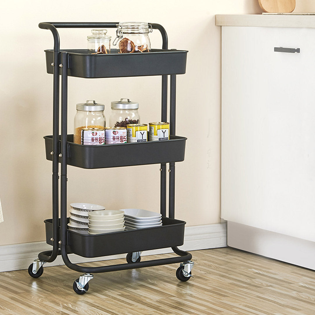 SOGA 3 Tier Steel Black Movable Kitchen Cart Multi-Functional Shelves Portable Storage Organizer with Wheels • LUZ-KitchenXY004