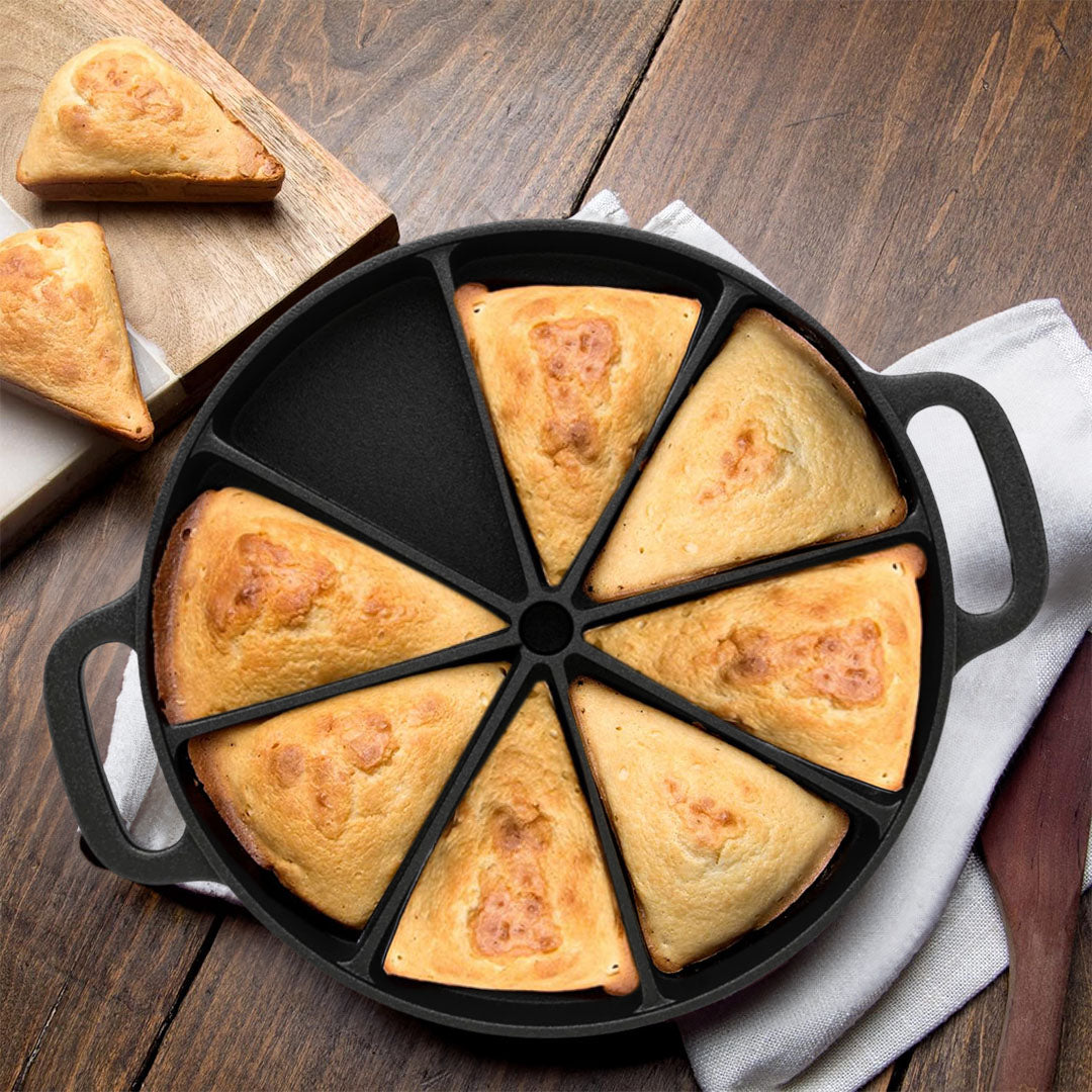 SOGA 2X 21.5CM Round Cast Iron Baking Wedge Pan Cornbread Cake 8-Slice Baking Dish with Handle • LUZ-ZPai017X2