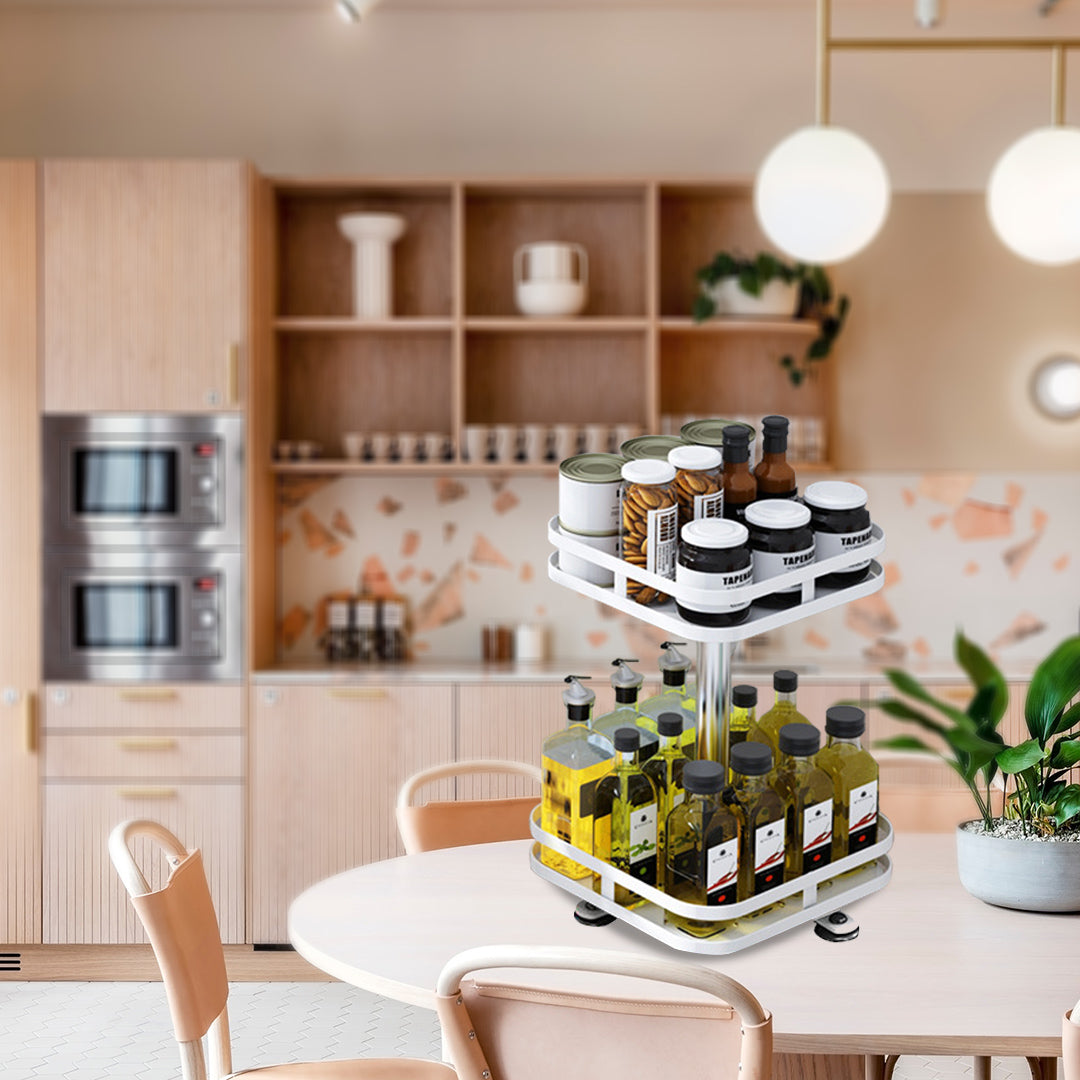 SOGA 2X 2 Tier Steel White Square Rotating Multi-Function Kitchen Portable Storage Spice Seasoning Kitchen Countertop Organiser Shelf • LUZ-KitchenXY053WHTX2