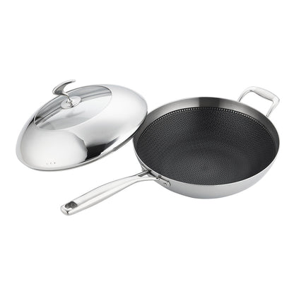 SOGA 18/10 Stainless Steel Fry Pan 32cm Frying Pan Top Grade Non Stick Interior Skillet with Helper Handle and Lid • LUZ-TRIFPT32