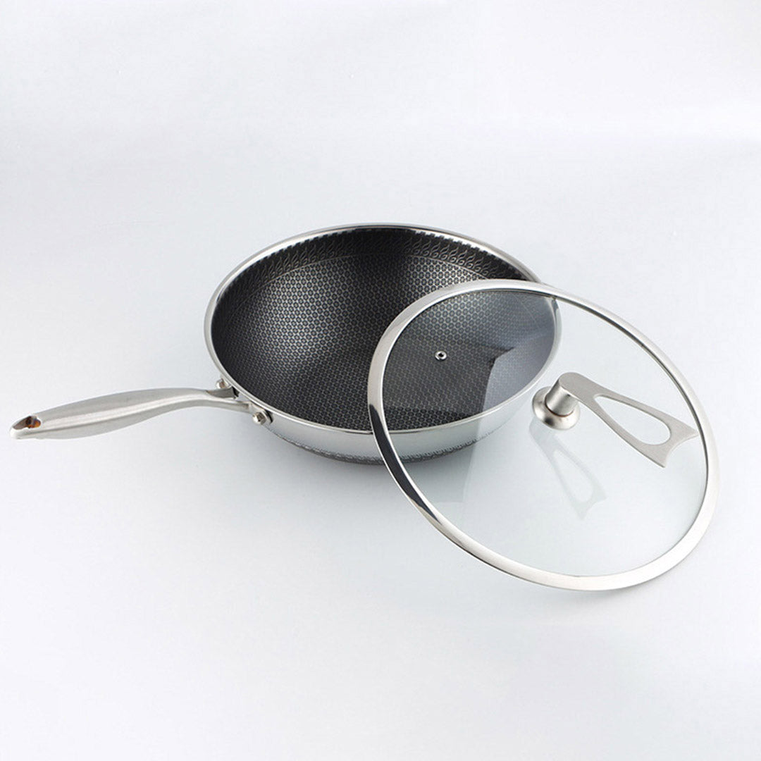 SOGA 32cm Stainless Steel Tri-Ply Frying Cooking Fry Pan Textured Non Stick Interior Skillet with Glass Lid • LUZ-FryPanTRIFPYZ32