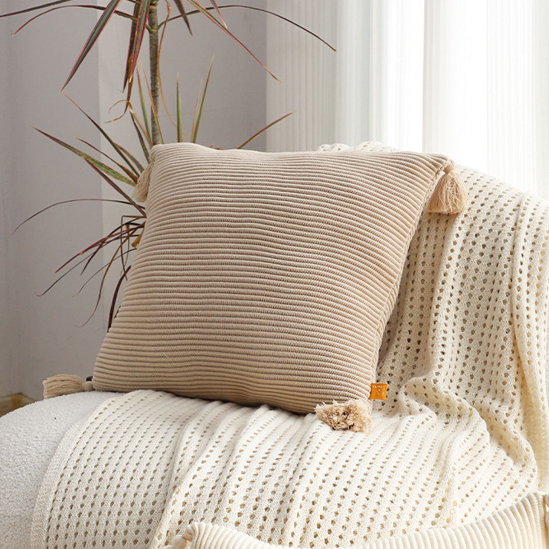 SOGA 45cm Off-White Wabi-Sabi Raised Pillow Cotton Striped Large Tassel Square Throw Pillow • LUZ-FrenchCushion263