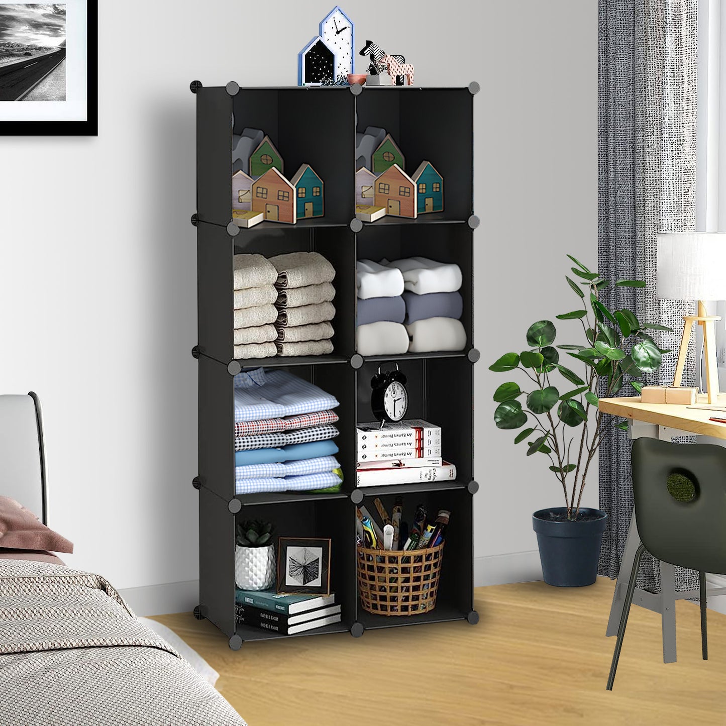 SOGA 4 Tier 8-Cube Black Portable Wardrobe Divide-Grid Modular Storage Organiser Foldable Closet • LUZ-Wrobe1766