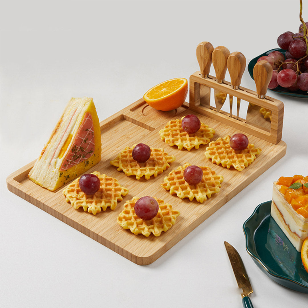 SOGA 36cm Brown Rectangular Wood Cheese Board Charcuterie Serving Tray with Knife Set Countertop Decor • LUZ-WodE592