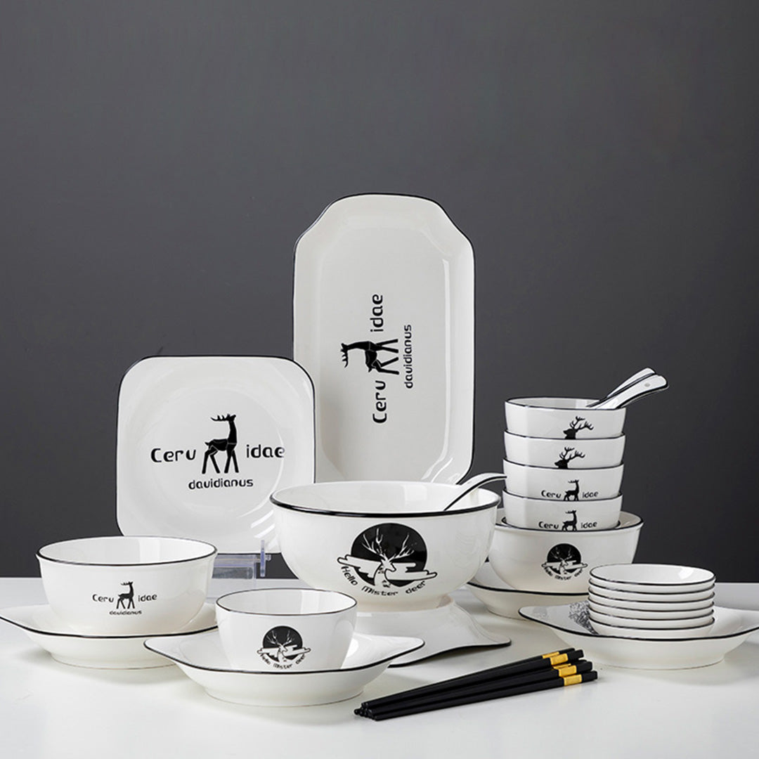 SOGA White Antler Printed Ceramic Dinnerware Set Crockery Soup Bowl Plate Server Kitchen Home Decor Set of 20 • LUZ-BowlG773