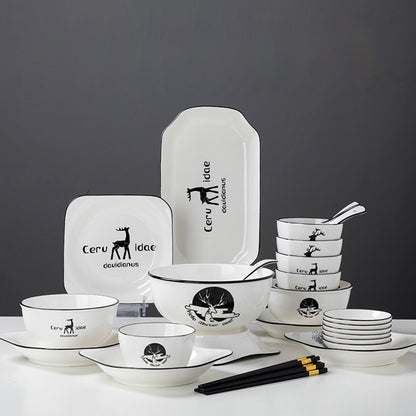 SOGA White Antler Printed Ceramic Dinnerware Set Crockery Soup Bowl Plate Server Kitchen Home Decor Set of 20 • LUZ-BowlG773