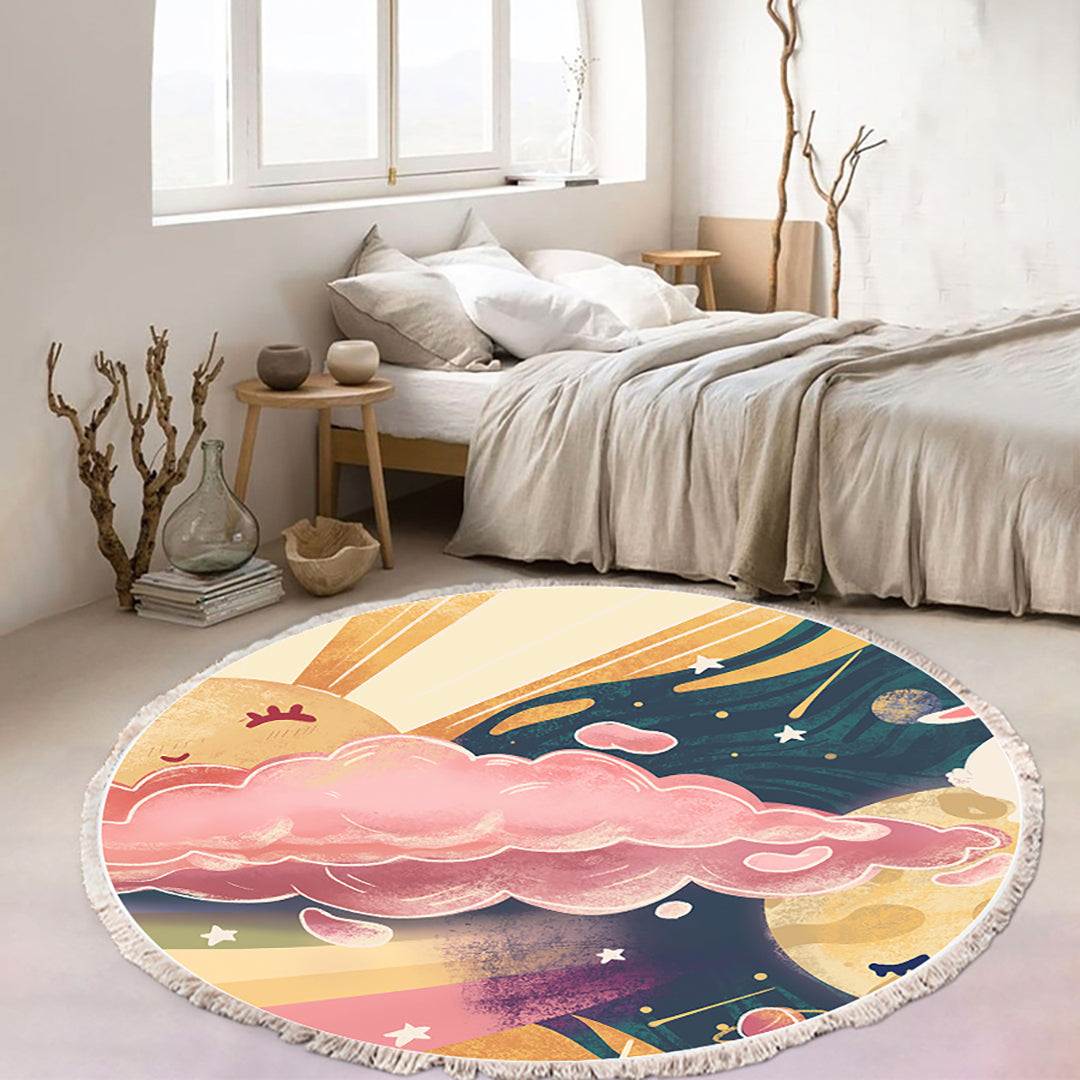 SOGA 120cm Round Tassels Carpet Sky Landscape Clouds Boho Circle Area Rugs, Home Decor • LUZ-CarpetA39