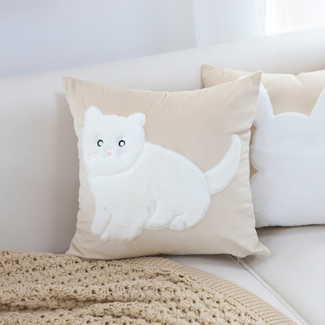 SOGA 2X 45cm Throw Pillow Light Tan Square Cushion with Soft White Cat Design Decorative Home Decor • LUZ-FrenchCushion280X2
