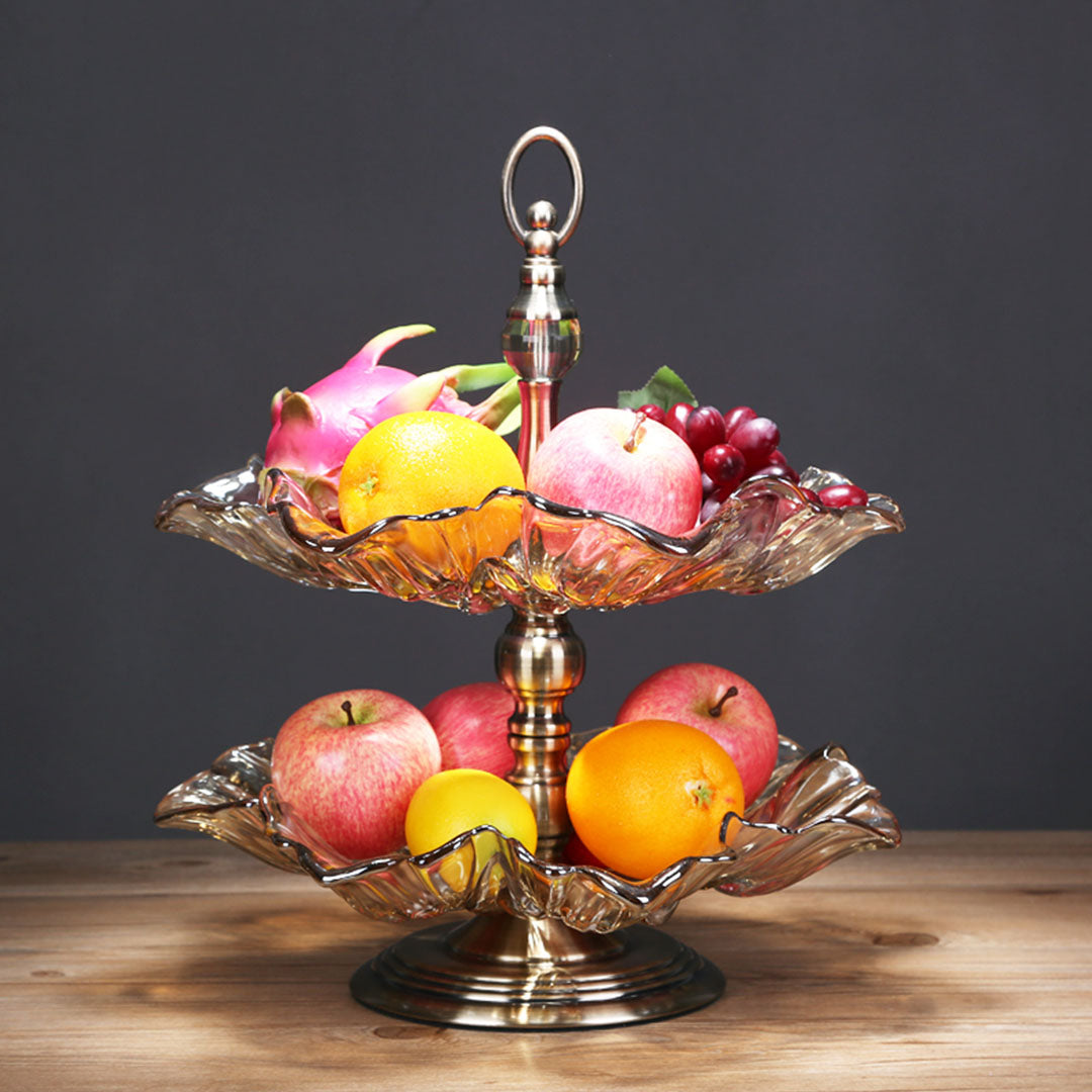 SOGA 2 Tier Bronze Lotus Vertex Crystal Glass Fruit Bowl Candy Holder Countertop Dessert Serving Basket Decor • LUZ-Plate7845