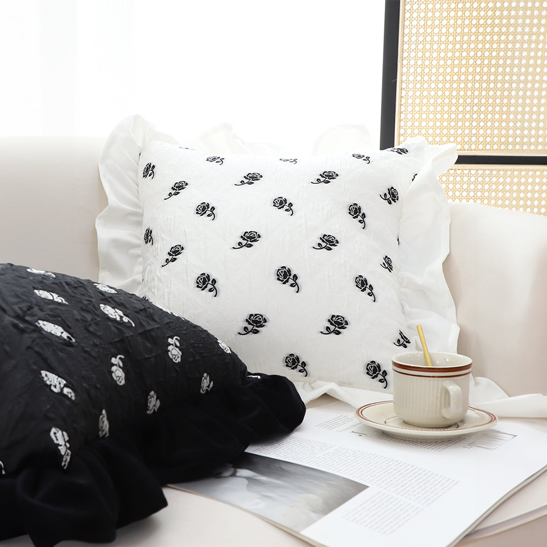 SOGA 45CM Throw Pillow Black Ruffled Square Decorative Cushion for Rose Lovers Cozy Home Decor • LUZ-FrenchCushion308