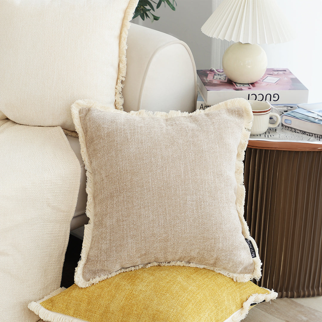 SOGA 2X 45cm Throw Pillow Latte Color Chenille Textured with Tassels Stylish Square Cozy Home Decor • LUZ-FrenchCushion278X2