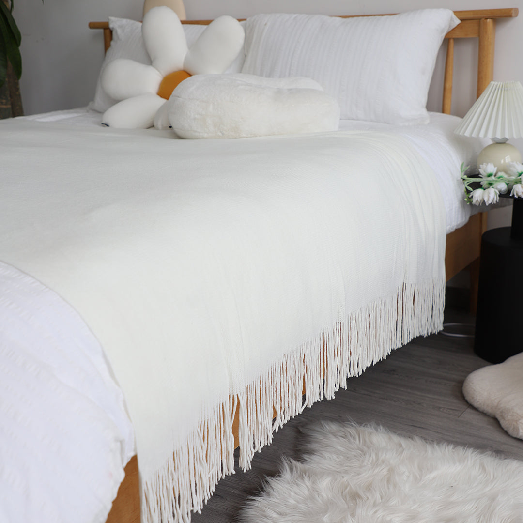 SOGA White Acrylic Knitted Throw Blanket Solid Fringed Warm Cozy Woven Cover Couch Bed Sofa Home Decor • LUZ-Blanket912