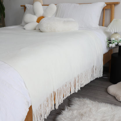 SOGA White Acrylic Knitted Throw Blanket Solid Fringed Warm Cozy Woven Cover Couch Bed Sofa Home Decor • LUZ-Blanket912