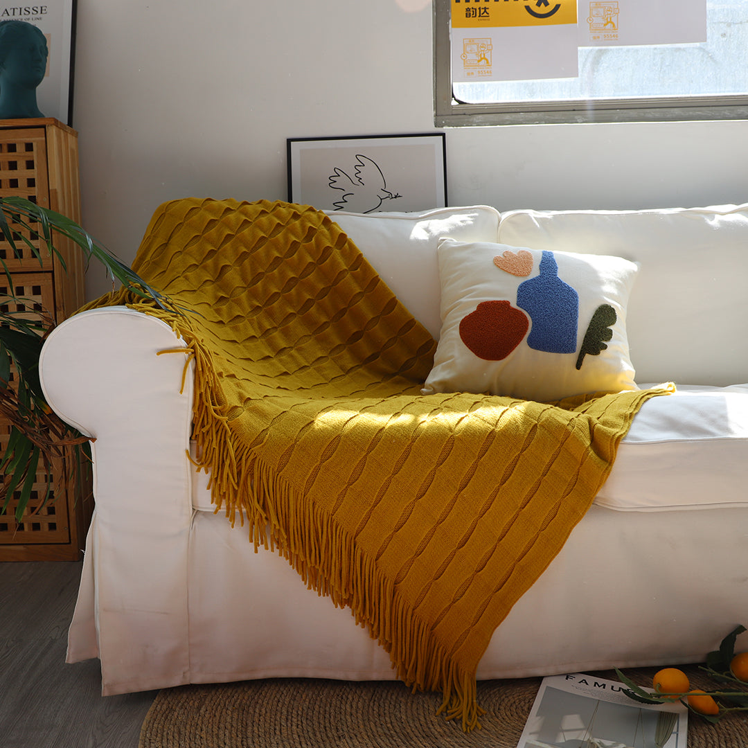 SOGA 2X Mustard Textured Knitted Throw Blanket Warm Cozy Woven Cover Couch Bed Sofa Home Decor with Tassels • LUZ-Blanket925X2
