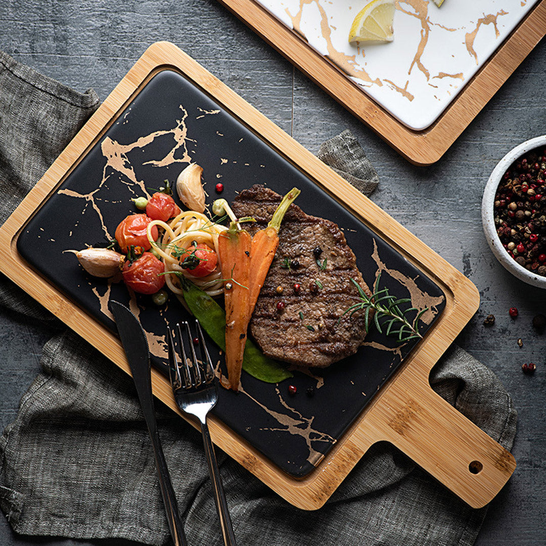SOGA 2X 33.5cm Black Square Wooden Serving Tray Slate Steak Serving Platter Chopping Board Paddle Home Decor • LUZ-WodE594X2