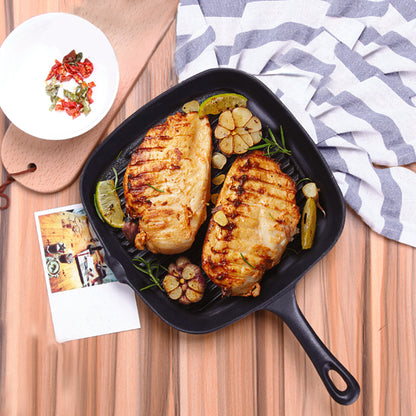 SOGA 2X 23.5cm Square Ribbed Cast Iron Frying Pan Skillet Steak Sizzle Platter with Handle • LUZ-ZPai006X2