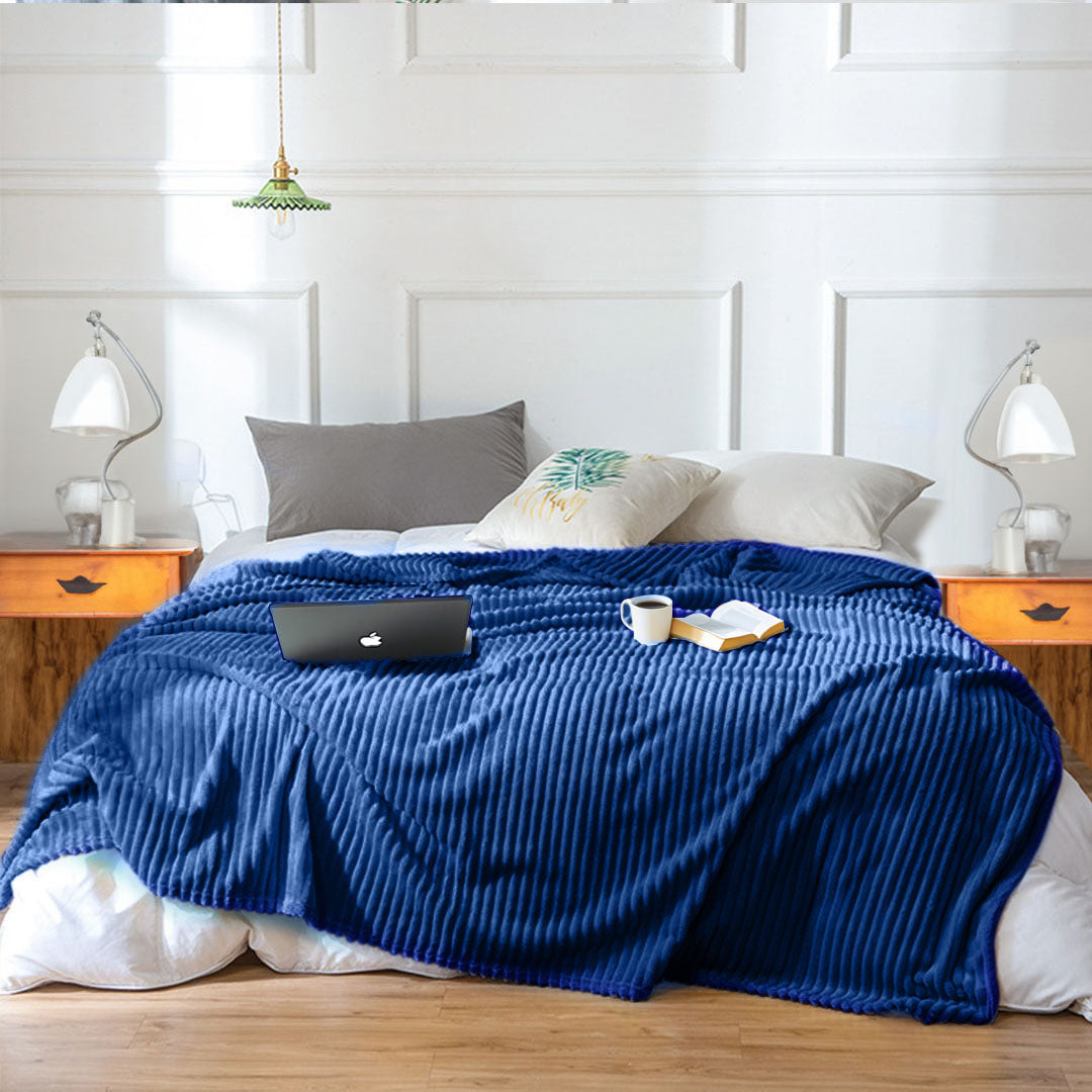 SOGA 2X Blue Throw Blanket Warm Cozy Striped Pattern Thin Flannel Coverlet Fleece Bed Sofa Comforter • LUZ-Blanket317X2
