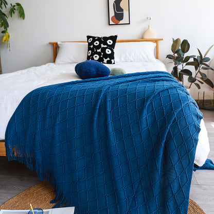 SOGA Royal Blue Diamond Pattern Knitted Throw Blanket Warm Cozy Woven Cover Couch Bed Sofa Home Decor with Tassels • LUZ-Blanket902