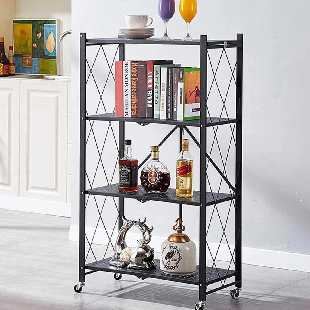 SOGA 2X 4 Tier Steel Black Foldable Kitchen Cart Multi-Functional Shelves Portable Storage Organizer with Wheels • LUZ-KitchenXY002X2