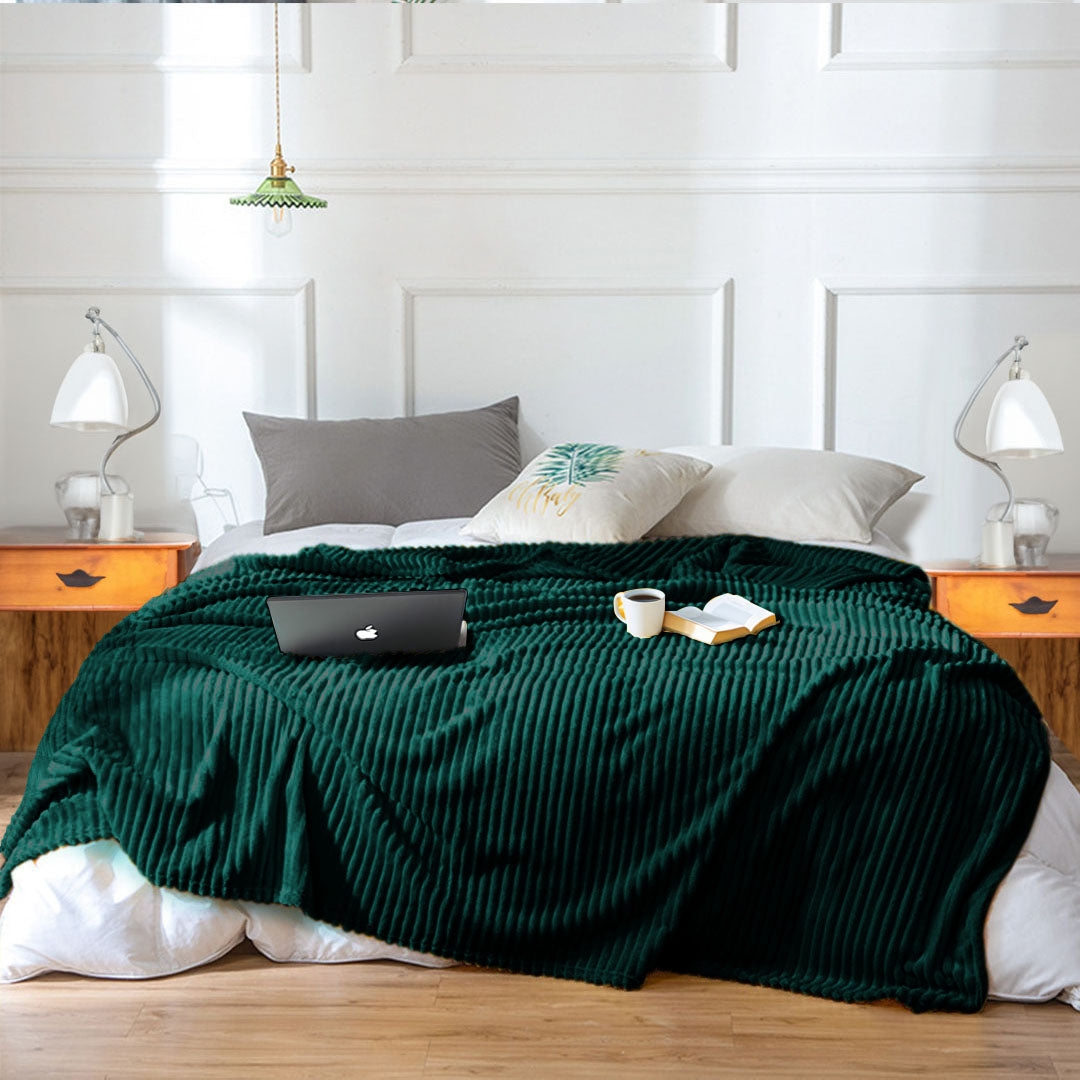 SOGA 2X Dark GreenThrow Blanket Warm Cozy Striped Pattern Thin Flannel Coverlet Fleece Bed Sofa Comforter • LUZ-Blanket316X2