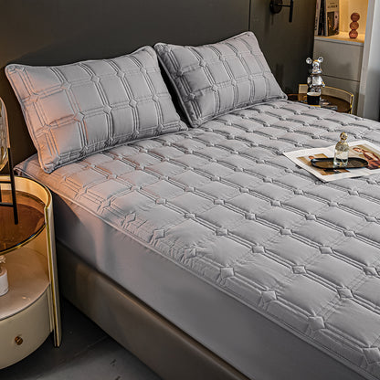 SOGA 2X Grey 153cm Wide Mattress Cover Thick Quilted Stretchable Bed Spread Sheet Protector with Pillow Covers • LUZ-BCover4003X2