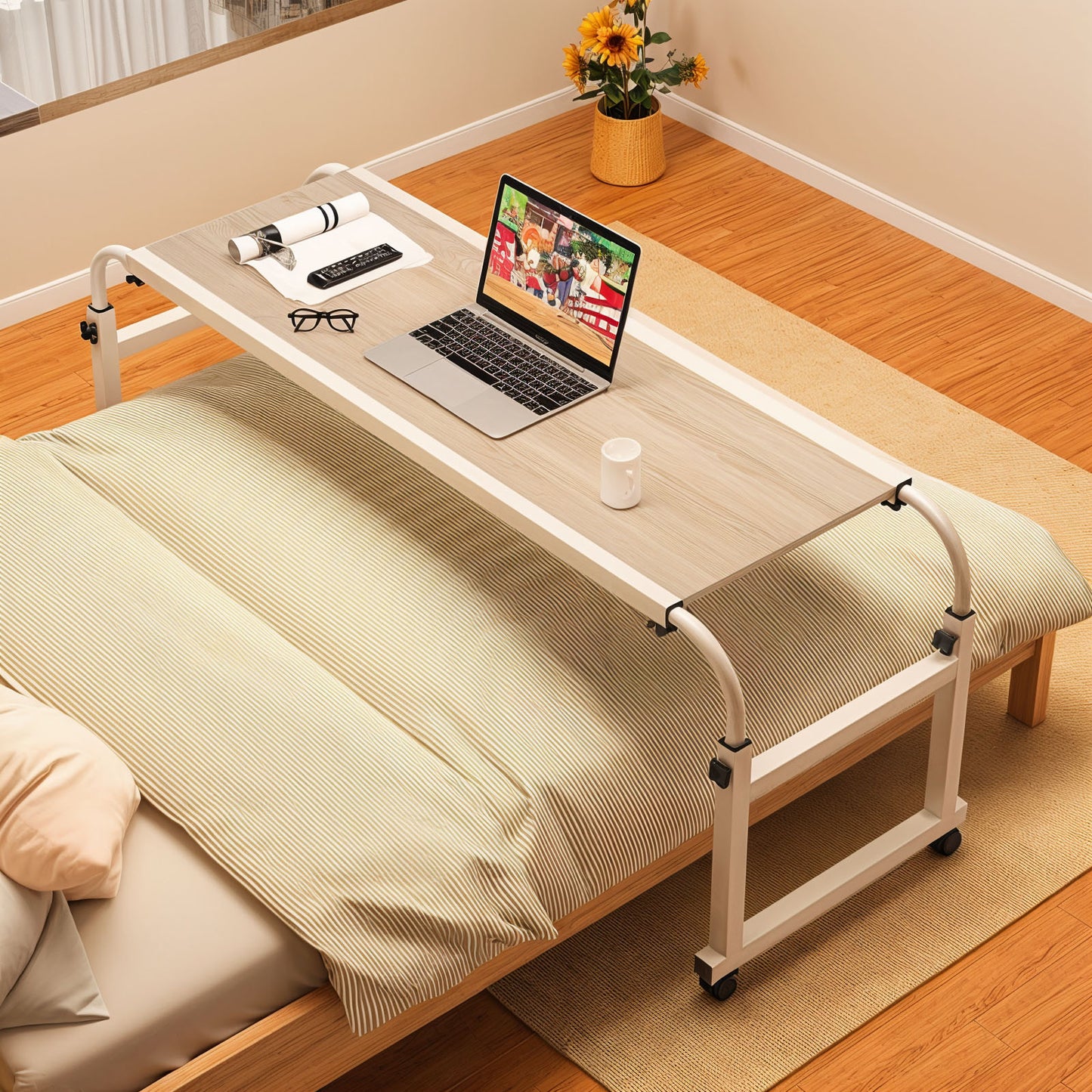 SOGA 120x45cm White Cross Bed Movable Desk Table w/ Adjustable Length & Height • LUZ-SideTab27