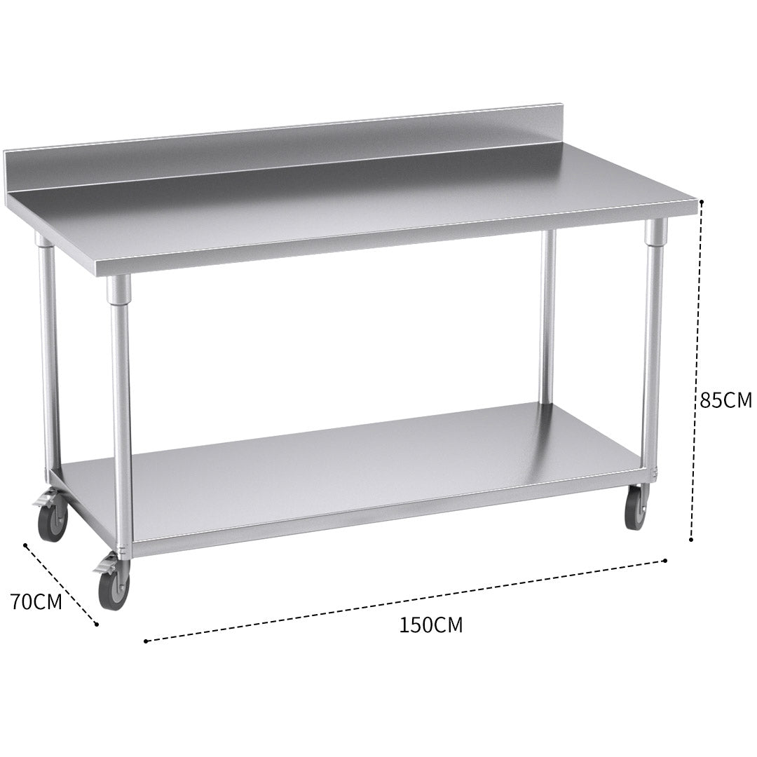 SOGA 150cm Commercial Catering Kitchen Stainless Steel Prep Work Bench Table with Backsplash and Caster Wheels • LUZ-WorkBenchSS8004150CM