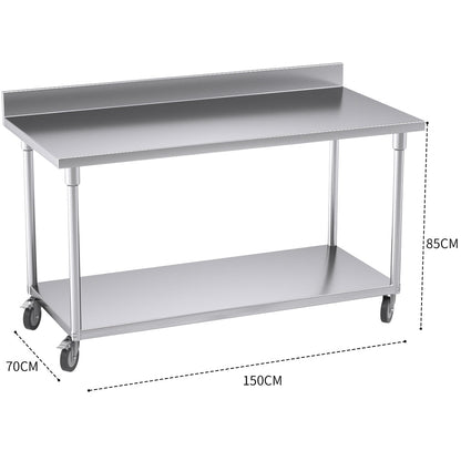 SOGA 150cm Commercial Catering Kitchen Stainless Steel Prep Work Bench Table with Backsplash and Caster Wheels • LUZ-WorkBenchSS8004150CM